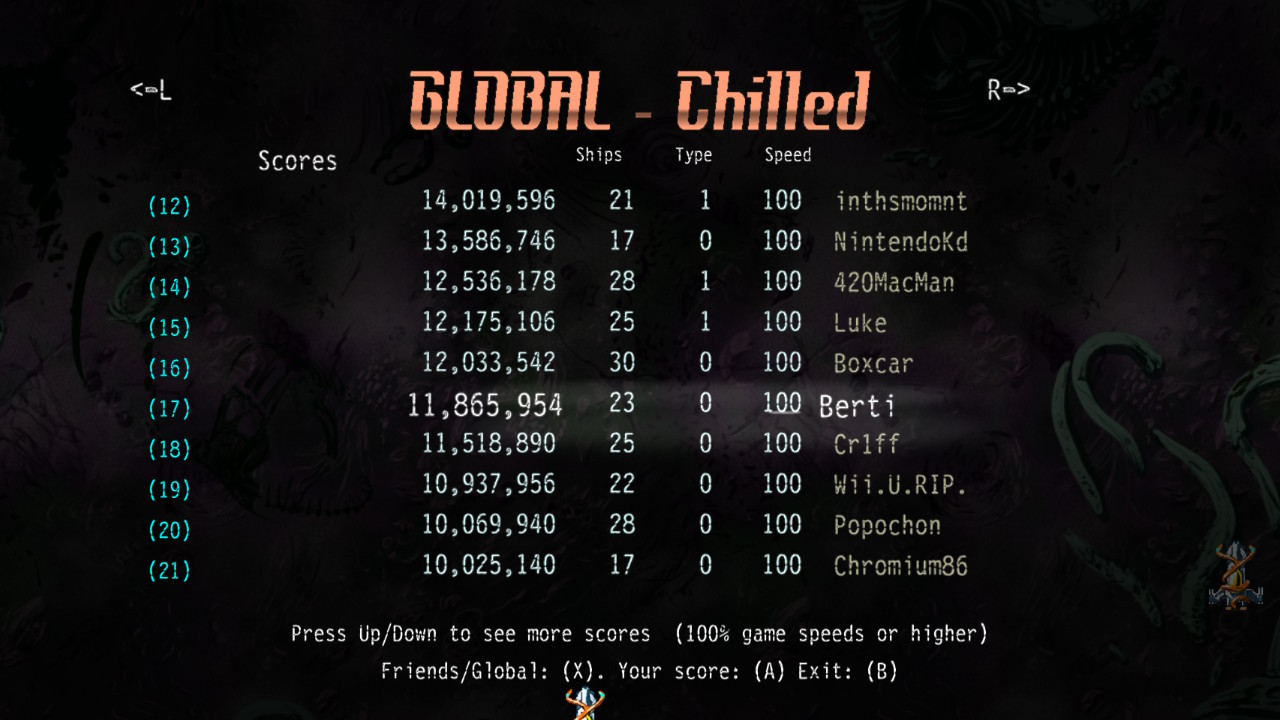 Screenshot: Shoot 1 Up DX online leaderboards of Chilled (i.e. easy) difficulty, showing Berti at 17th place with a score of 11 865 954